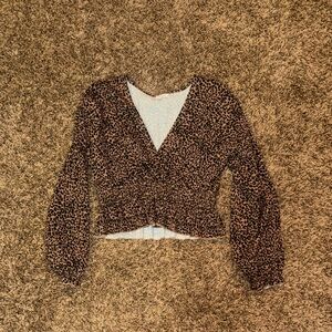 Le Lis Brown Leopard Print V-Neck Long Sleeve Crop Blouse
